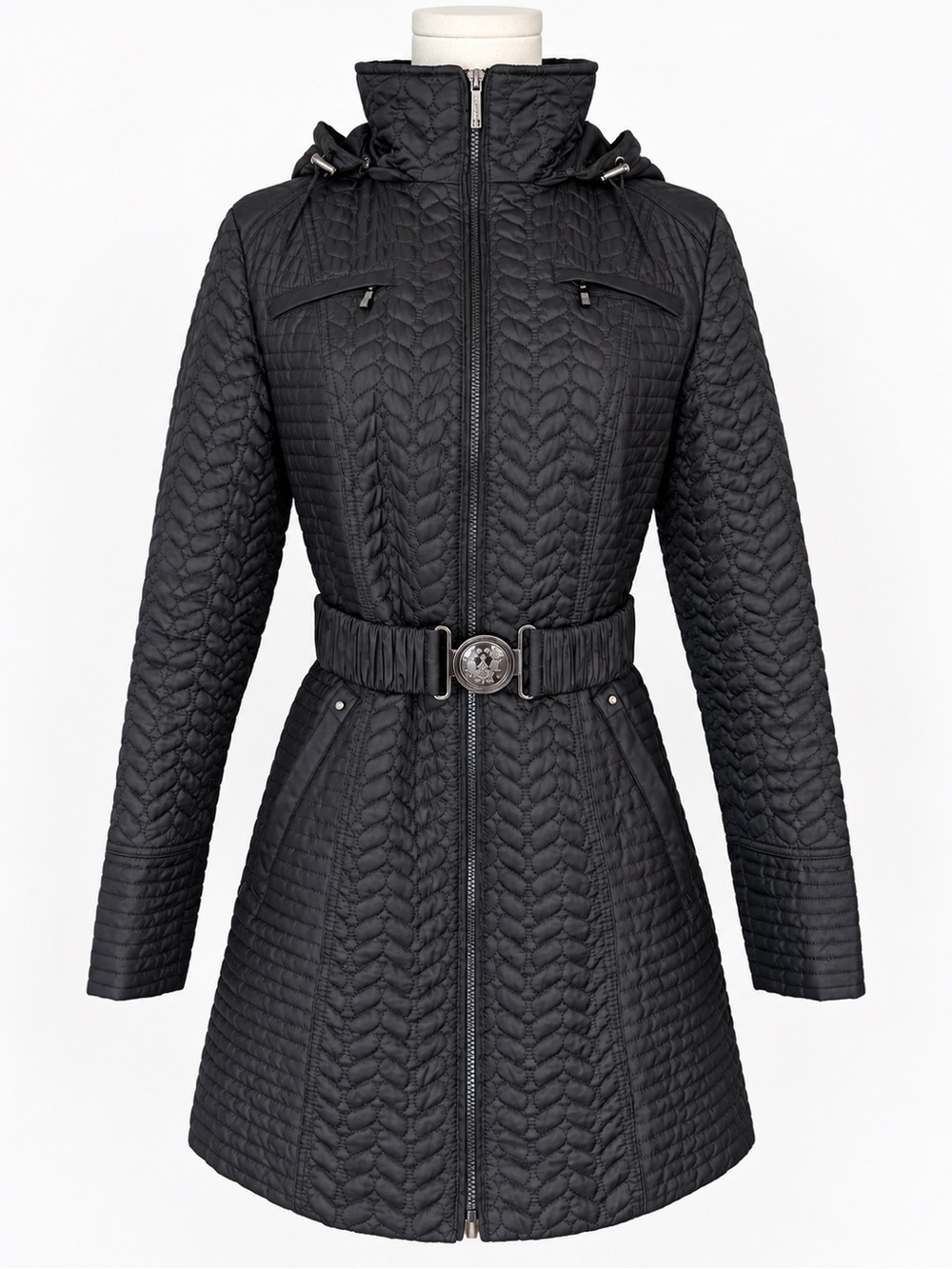 Laundry by Shelli Segal Black Quilted Belted Hooded Coat Jacket M